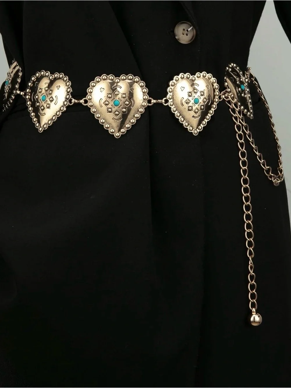 Silver Heart Medallion Chain Belt with Turquoise Accents